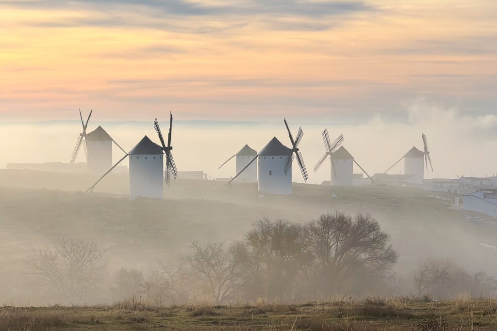 Windmills at dawn in the mist